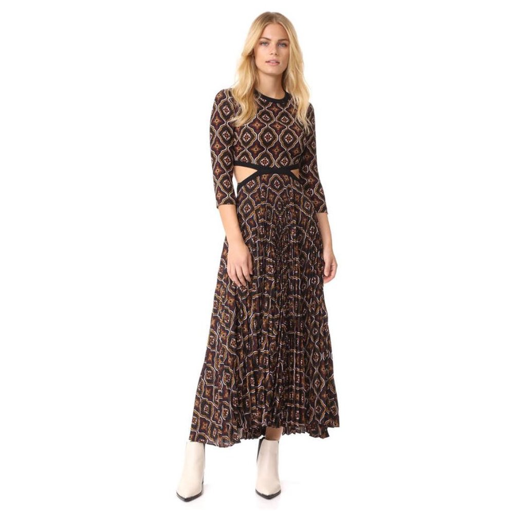 A.L.C. Holly Kaleidoscopic Cutout-Waist Pleated Midi Dress